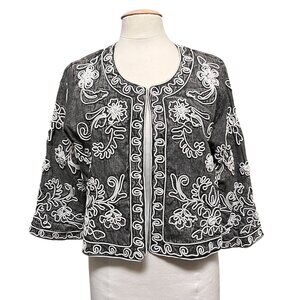 Soft Surroundings Embroidered Open Front Jacket Black Art Artsy Gray‎ White Sz L
